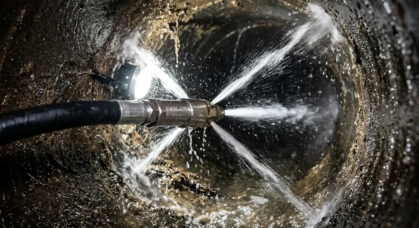 High-pressure hydro jetting nozzle cleaning sewer pipe for Sewer Cleanout in Dos Palos