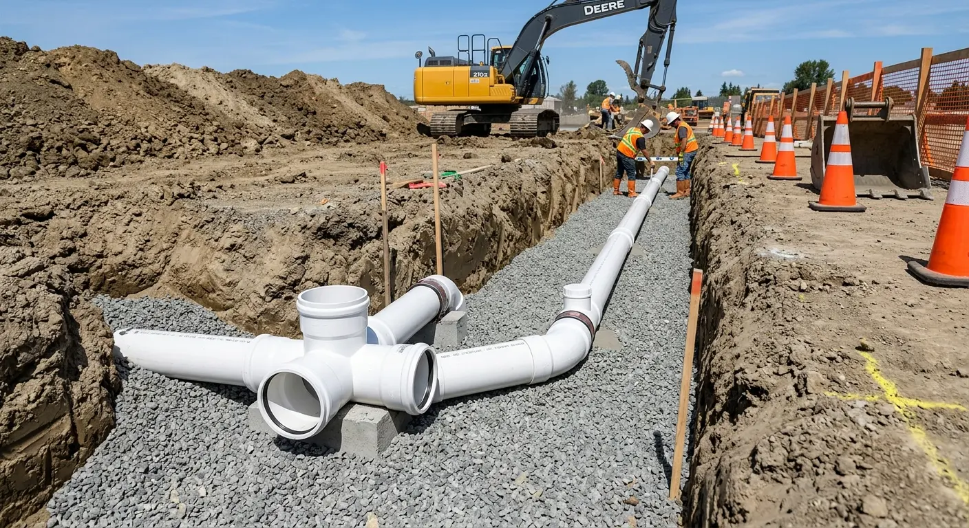 New PVC sewer pipe installation in open trench for Grease Trap Cleaning in Dos Palos