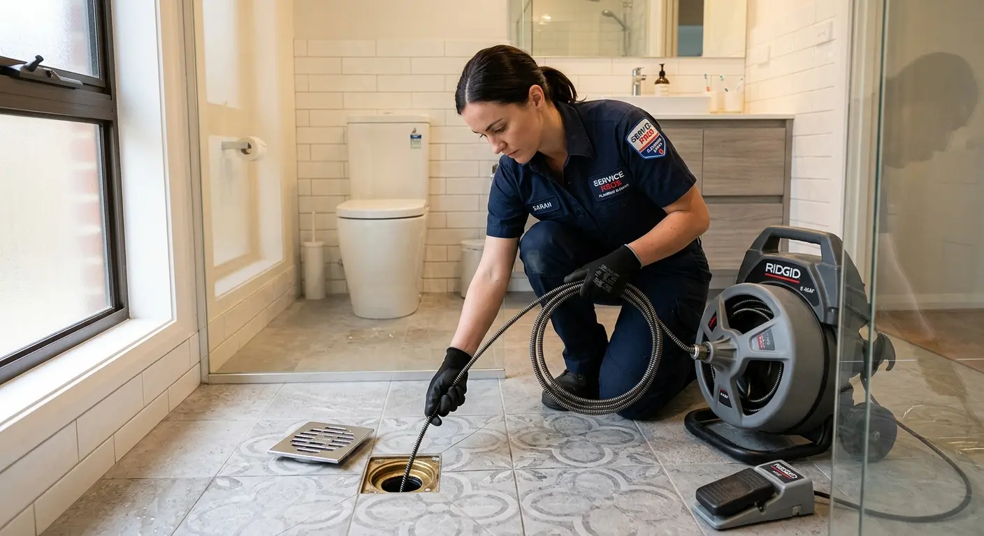 Technician clearing a bathroom floor drain for Sewer Line Replacement in Dos Palos